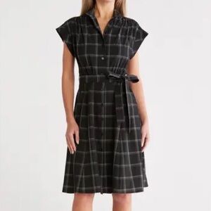 Calvin Klein Black Plaid Belted Shirt Dress size 6 preppy spring knee length